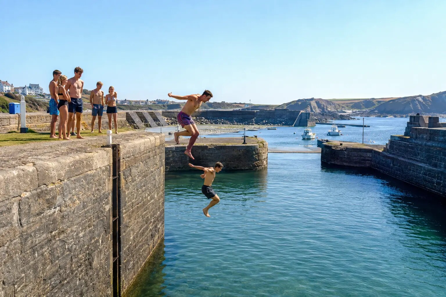 Young people jumping into Bude Canal beside the sea lock with adults nearby