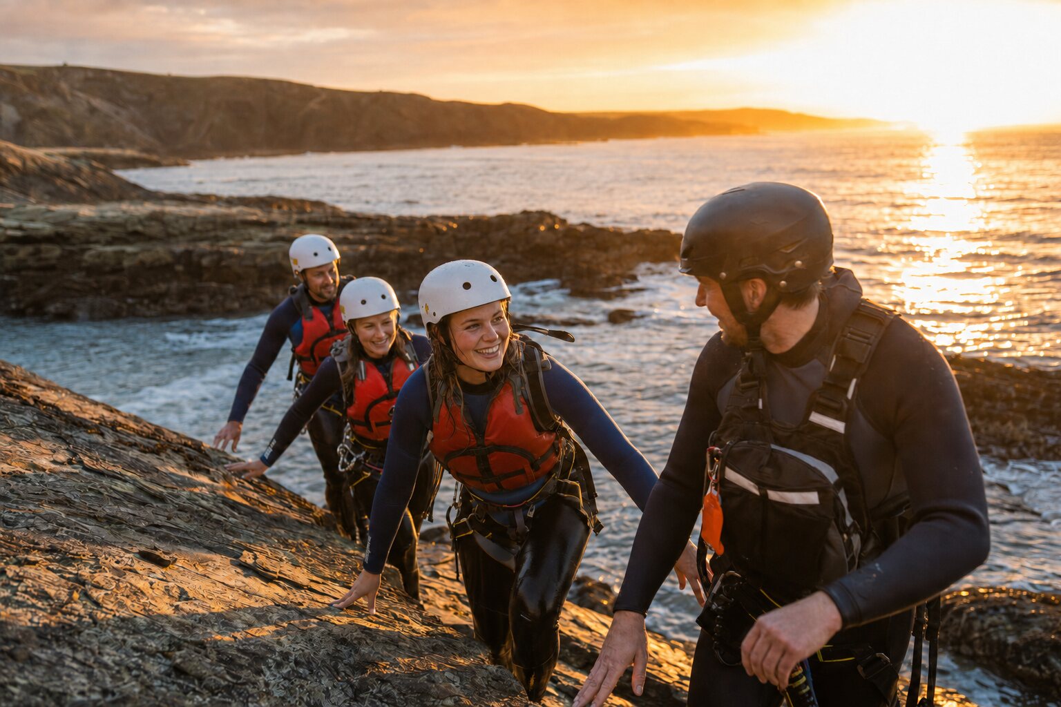 A guided coasteering group enjoying the North Cornwall rocks at sunset