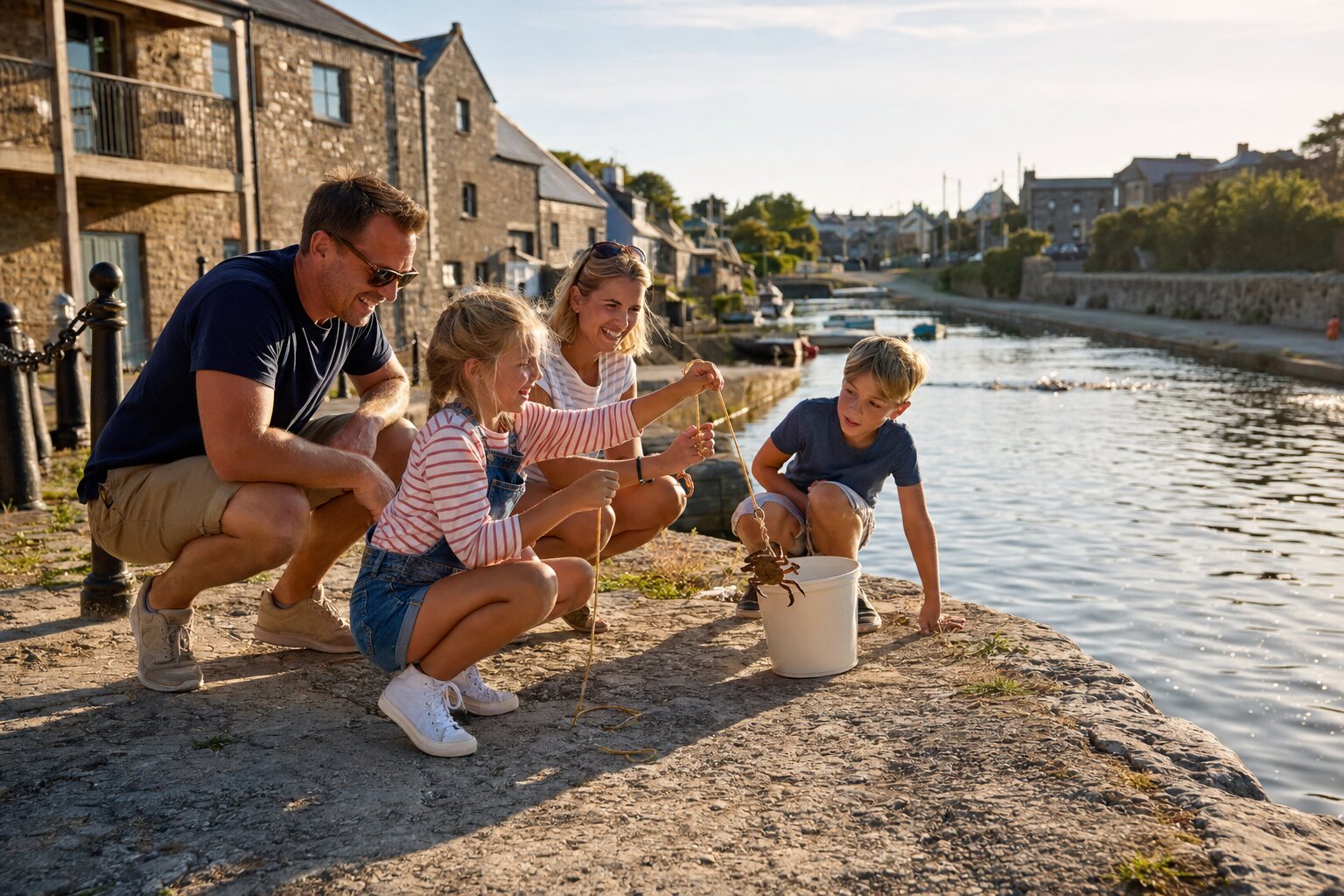 A family enjoying responsible crabbing beside Bude Canal in warm sunshine