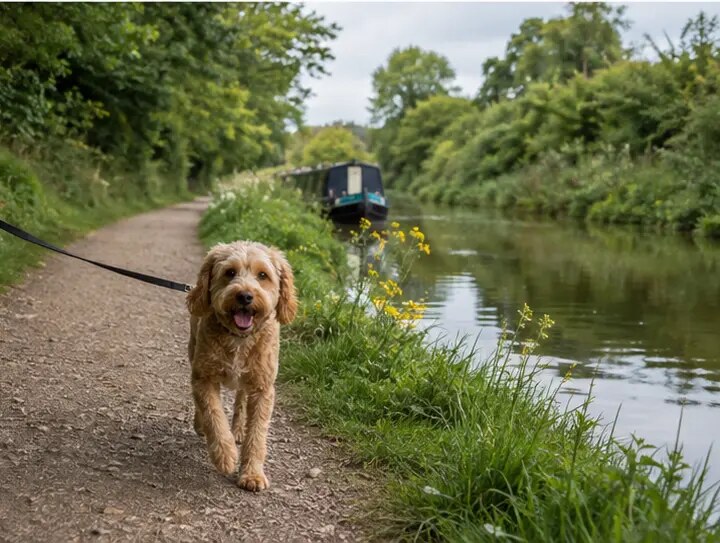Cheerful dog walking on a lead beside a green canal towpath