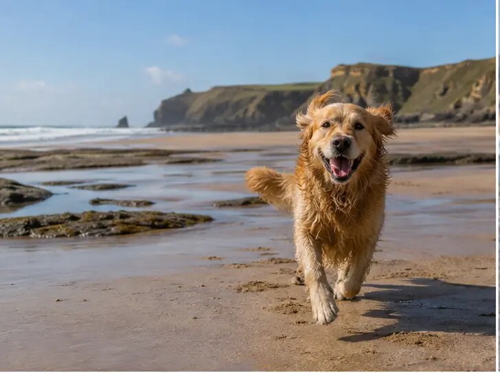 Happy golden retriever running across a broad sandy beach with rock pools