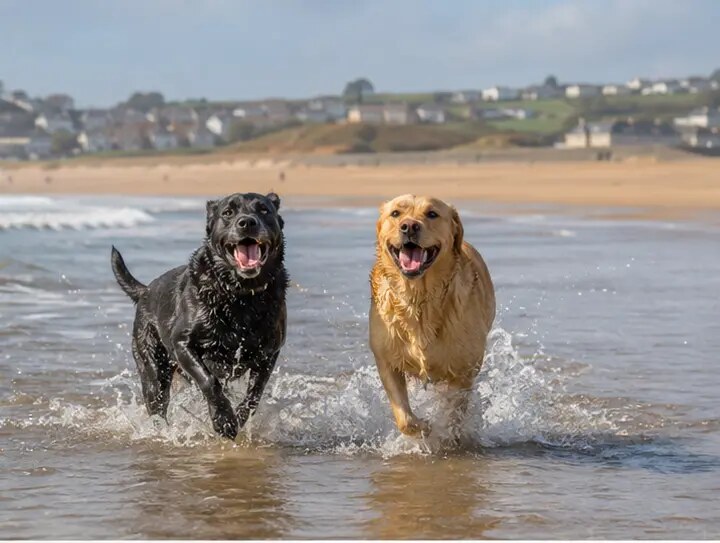 Two joyful dogs splashing together in shallow beach water