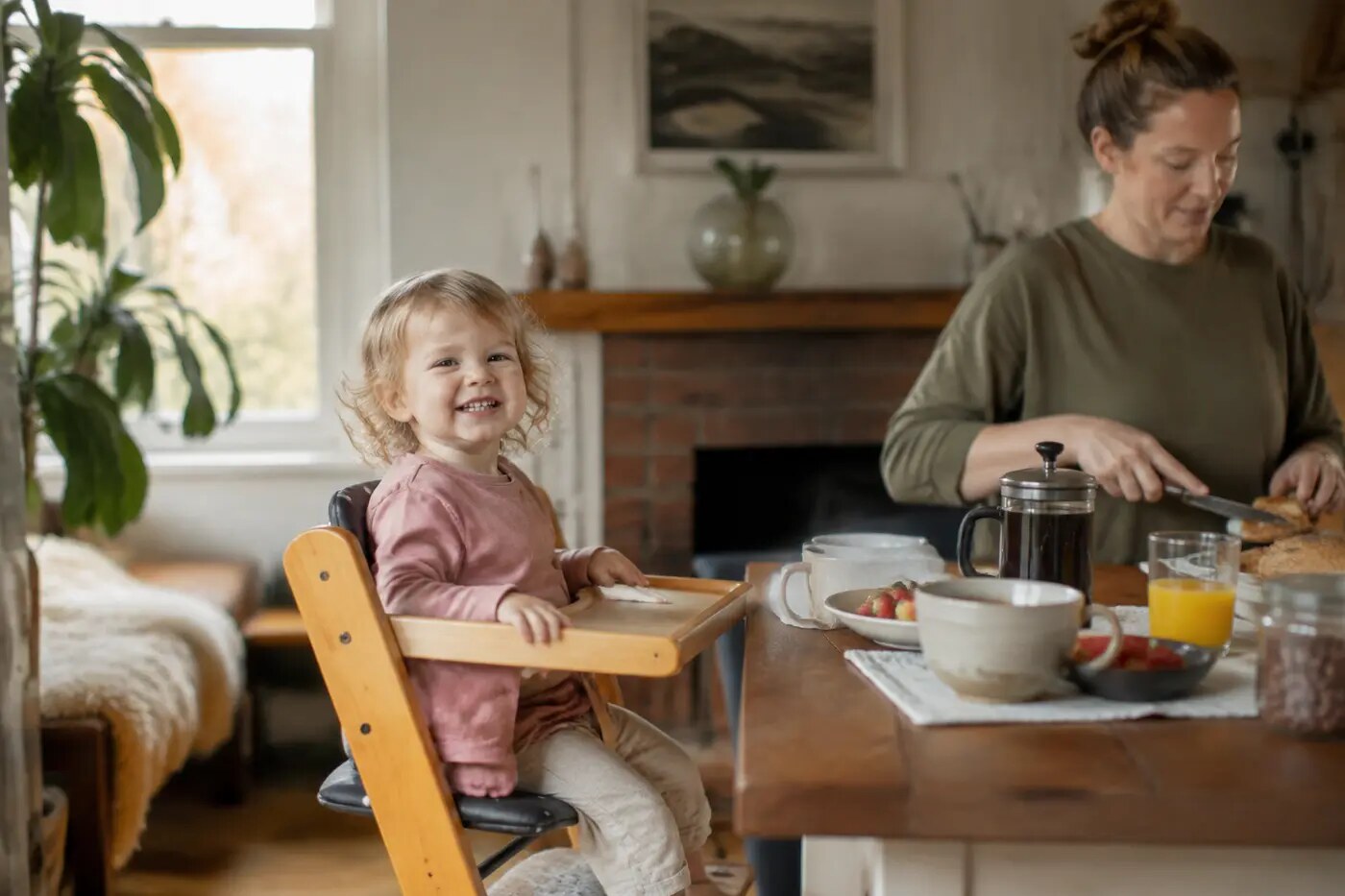 Wooden high chair in a relaxed real-home family kitchen