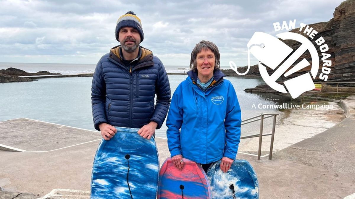 Paul Stickney with reused bodyboards at Zuma Jay in Bude