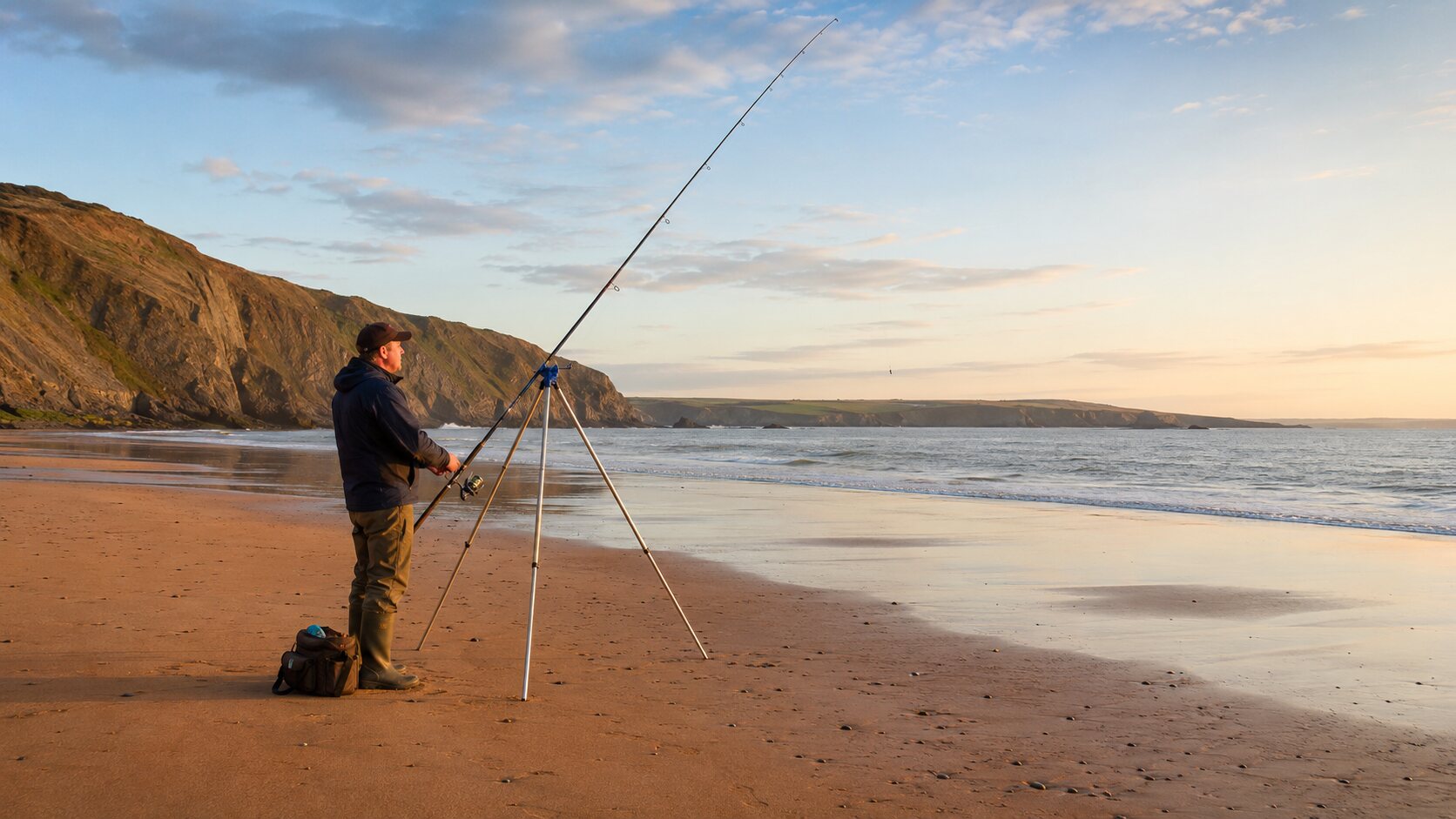 Sea angler fishing safely from a wide sandy North Cornwall-style beach in golden-hour light
