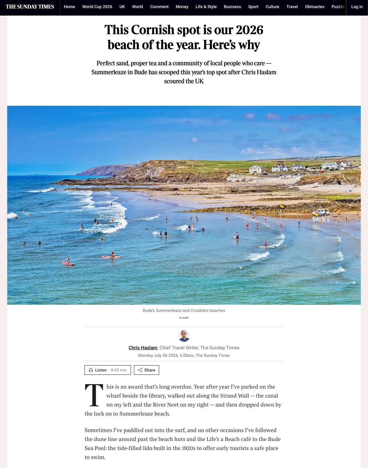 The Sunday Times naming Summerleaze in Bude its 2026 Beach of the Year