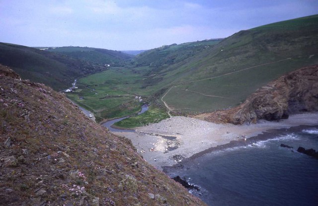 Duckpool valley, stream and Atlantic cove seen from high on Steeple Point
