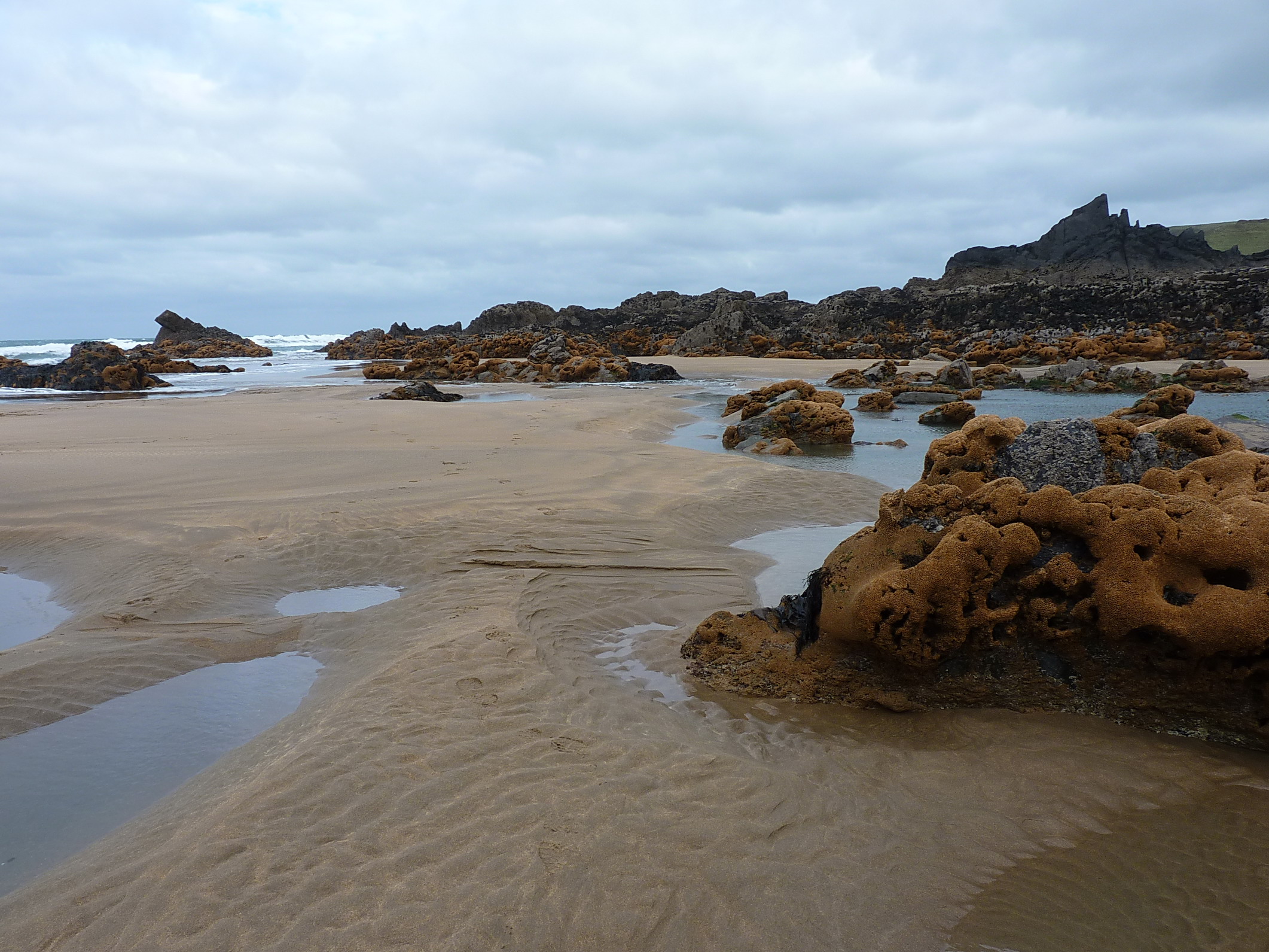 Tide-washed sand, rock shelves and dark pinnacles on the remote Warren beach stretch